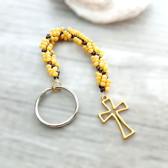 Beaded Cross Keychain, Seed Bead, Yellow Gold Bronze, 6.5" - Picture 1 of 4